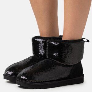 NIB UGG Women Classic Mini Mirror Ball Black sequin boots Sz 6
